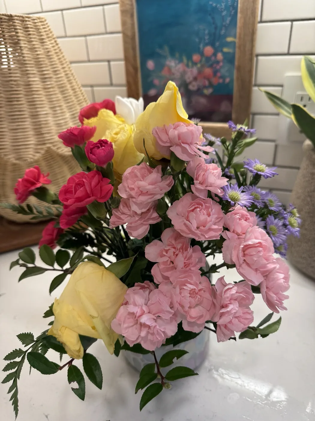 A fresh pink and yellow arrangement