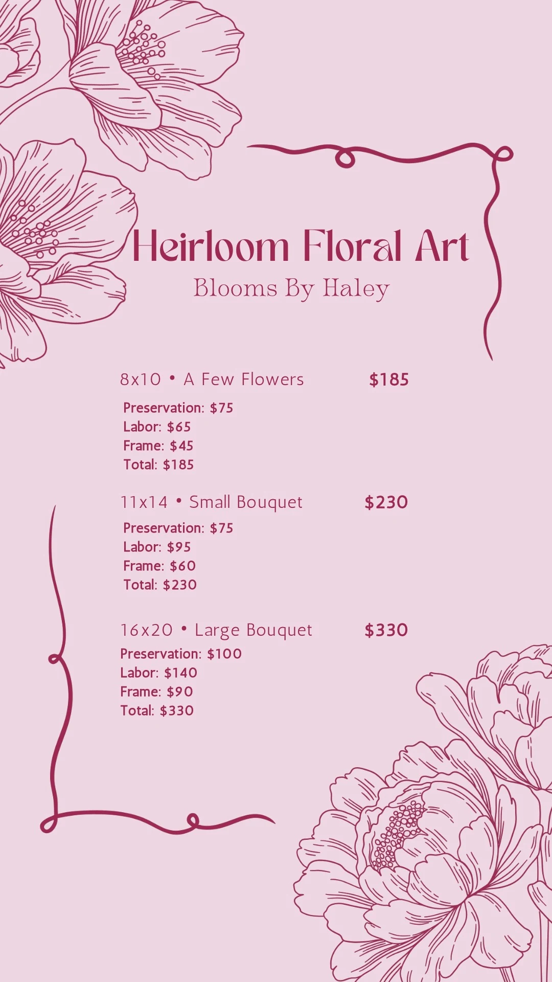 Heirloom Floral Art packages. 8x10, A Few Flowers: $185 (preservation $75, labor $65, frame $45). 11x14, Small Bouquet: $230 (preservation $75, labor $95, frame $60). 16x20, Large Bouquet: $330 (preservation $100, labor $140, frame $90).